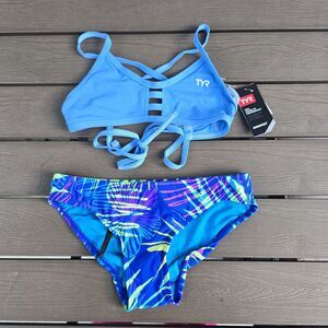 TYR Women Durafast Solid Blue Tieback Top & Floral Safari Bikini Bottom Sz S New